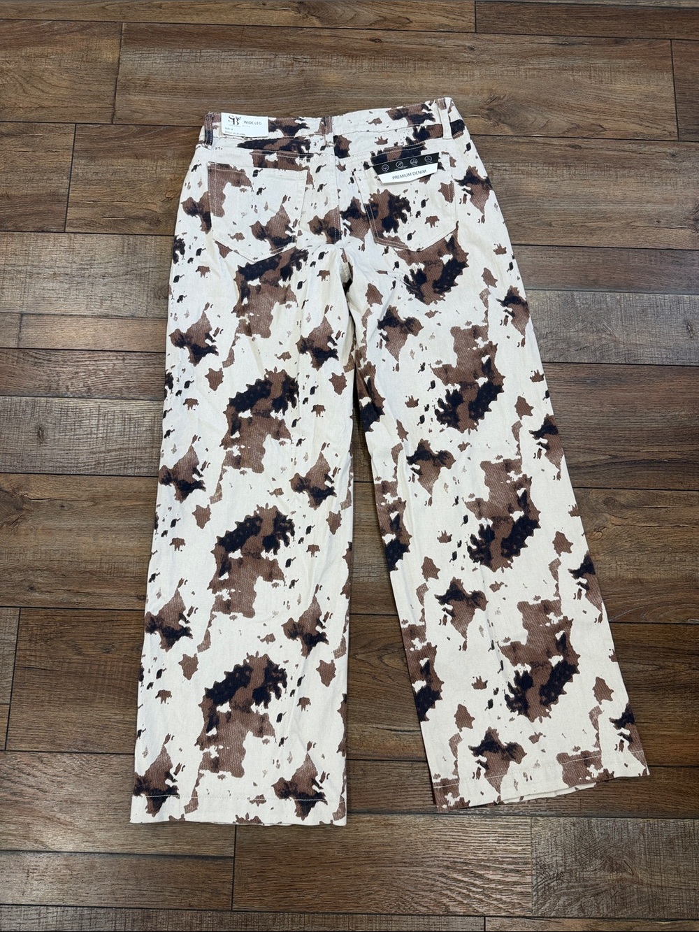 Cow Print Wide Leg Jeans - Brown & Cream - Picture 2 of 3